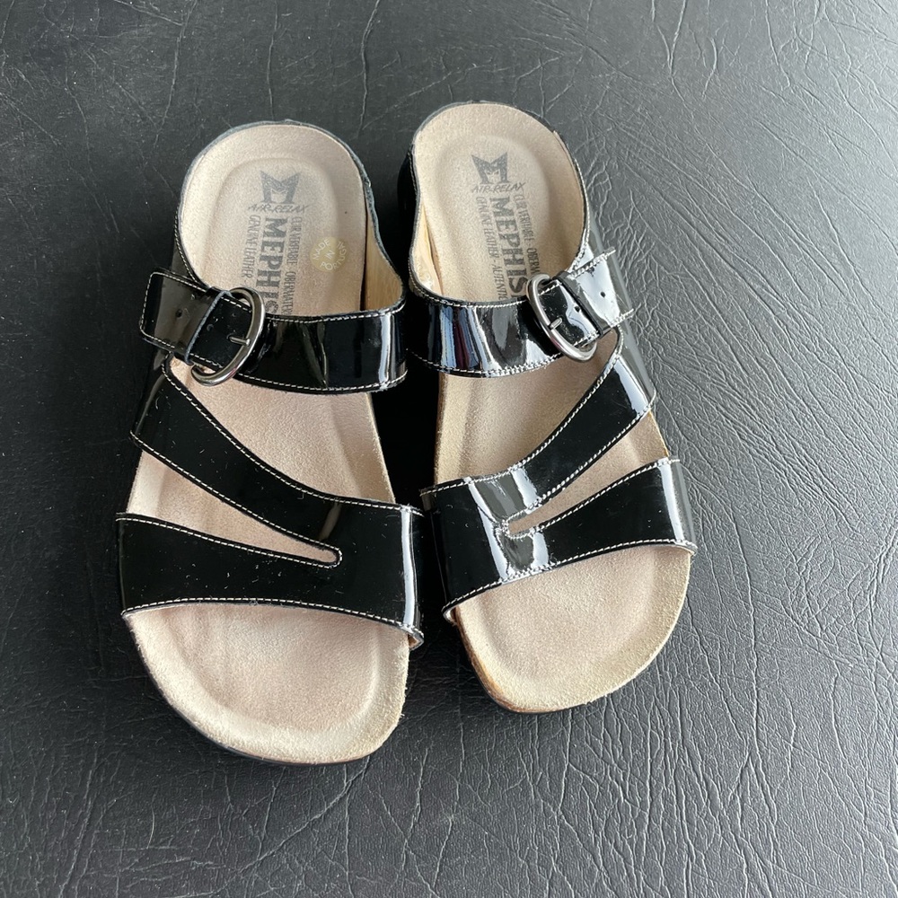 Black Mephisto patent leather sandals